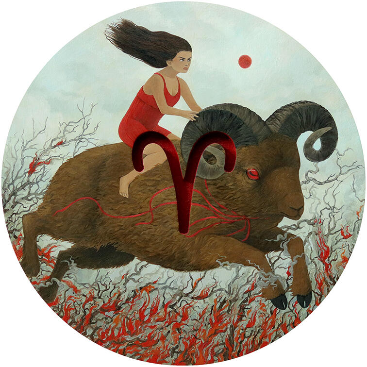 Aries (2024) 10" x 10" round, oil on birch panel
